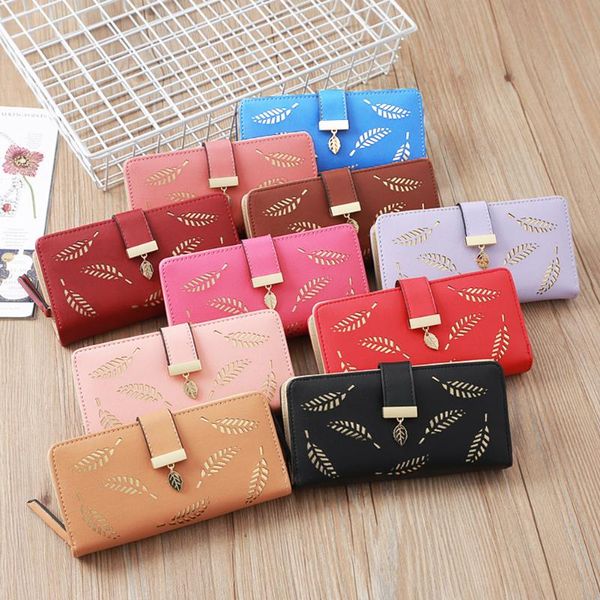 

wallets fashion women leaf printed wallet vintage pu leather solid color long card holder purse handbag clutch high quality, Red;black