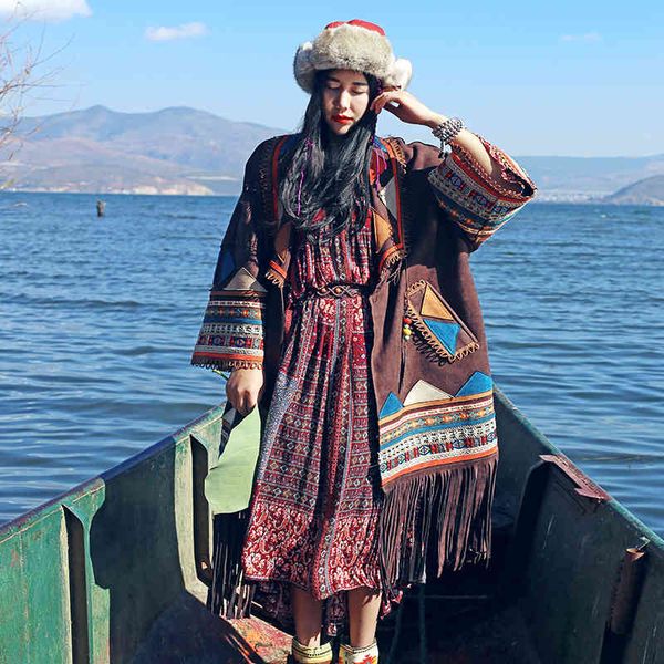 

women's trench coats -mx]national trend autumn womenvintage hippie style oversized loose exotic embroidery patchwork tassel suede coat, Tan;black