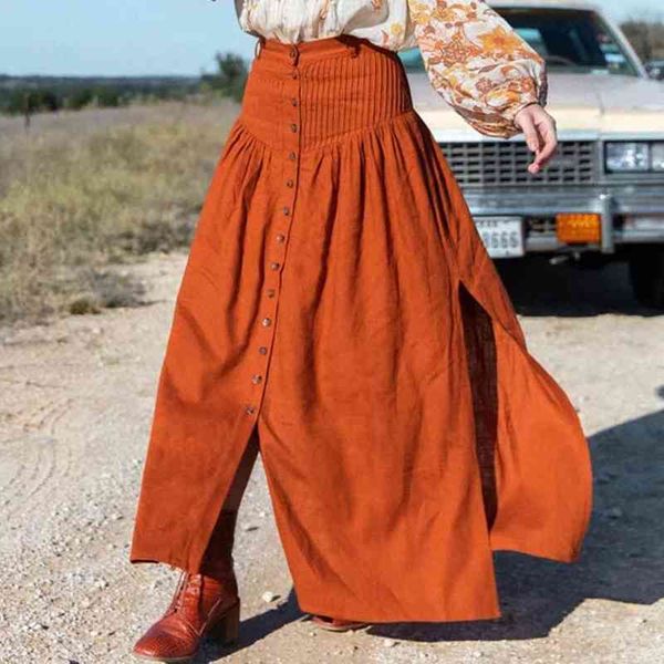 Hohe Taille Schlitz Langer Rock Frauen Sommer Knopf Maxi Split Orange Rock Hosen Lässiger schwarzer Baumwollrock Faldas 210415