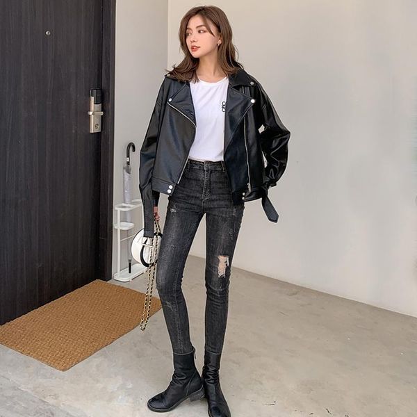 

women's leather & faux aibeautyer spring autumn female loose solid color outwear with belt jacket women lapel bf style motorcycle pu co, Black