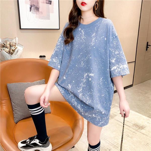 

#4305 tie dyed printed t shirt women harajuku long for short sleeves cotton o neck korean style womens tee shirts women's t-shirt, White