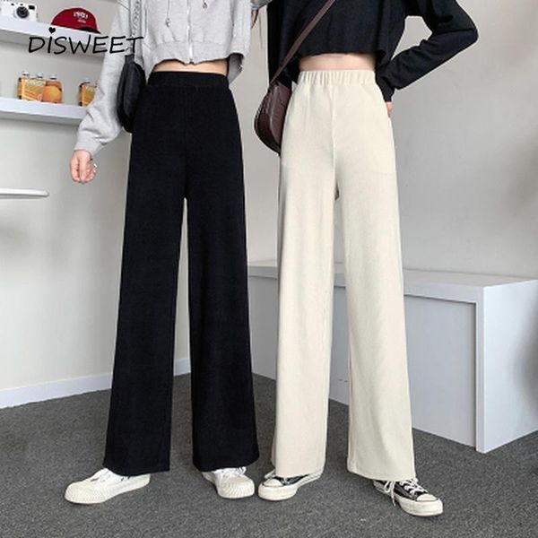 

solid high-waist straight-leg pants woman college style loose elastic waist women's trousers simple slim stretch women & capris, Black;white