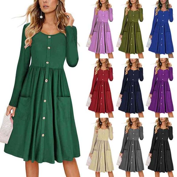 

autumn 2019 round neck button waist pocket skirt british style solid color long sleeve dress women's wear, Black;gray