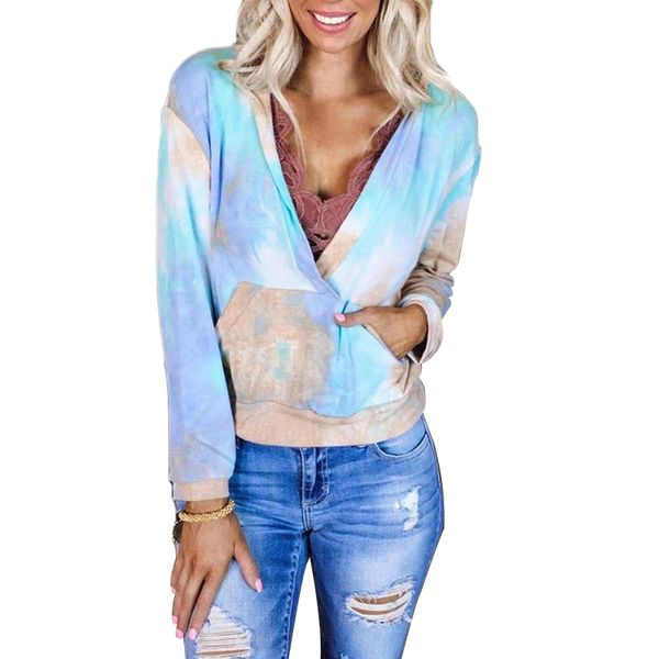 Felpe con cappuccio Tie Dye di nuova moda da donna Sexy con scollo a V in pizzo Tasca a maniche lunghe Felpa Elegante Puls Size Pullover Top Donna Autunno 210412