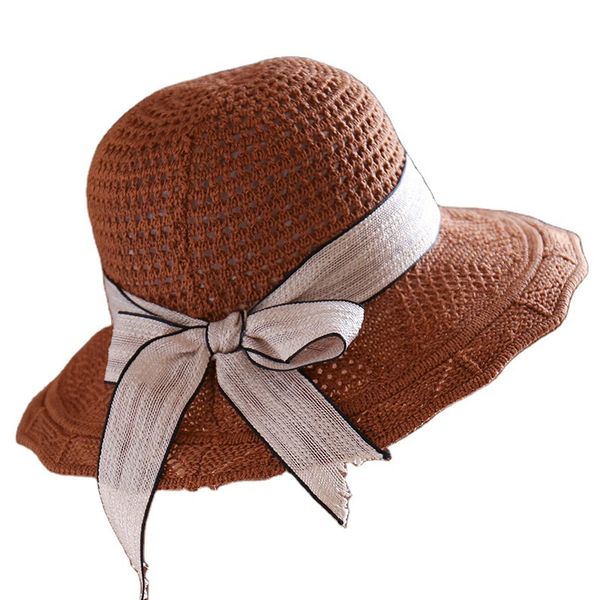 Dobrável Big Brim Floppy Girls Chapéu de Palha Chapéus de Sol com Bowknot Proteção Elegante Shorning Beach Caps para mulheres