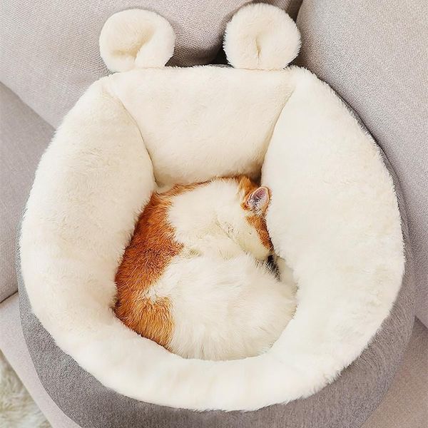 

plush house white ear cat litter bed cute shape pet high-back imitation linen kitten products beds & furniture