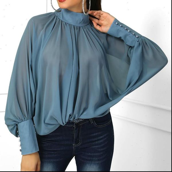 

women shirts blouse lantern sleeve wide cuff ruched chiffon mandarin collar leisure ol style streetwear, White