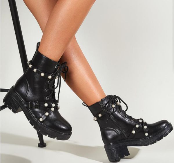 

boots women ankle low heels matin shoes woman short booties pu leather bead shoe chaussures femme zapatos mujer sapato k0015, Black