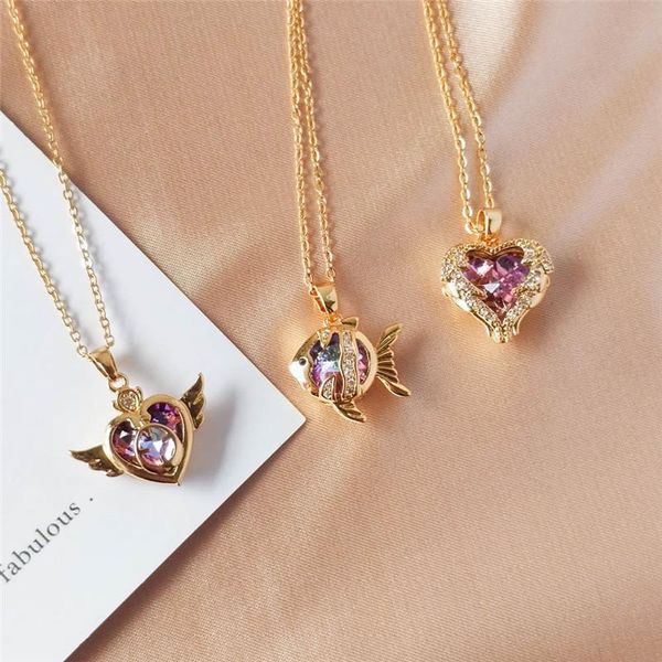 

design color zircon pendant necklace stainless steel chain for women girls heart fish copper charms choker jewelry gifts necklaces, Silver