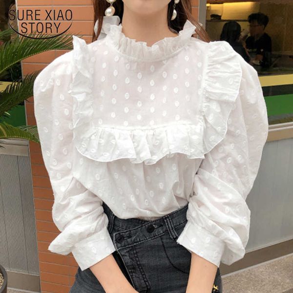 

sweet ruffle stitching autumn stand-up collar puff sleeve white blouse women polka dot embroidery shirt blusas mujer 12720 210528