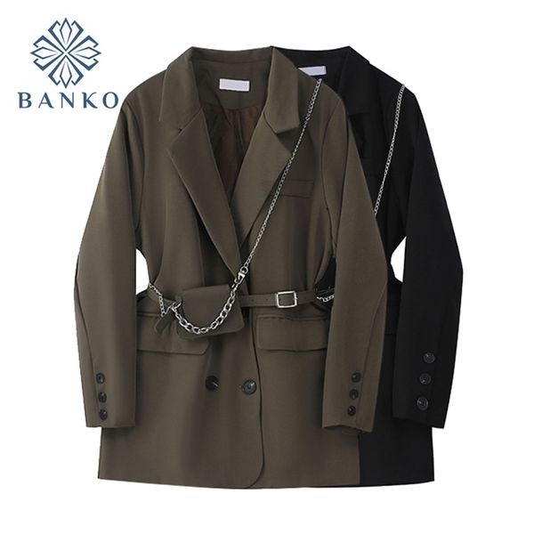 Sonbahar Kış Kadın Cep Büyük Boy Blazer Yaka Uzun Kollu Gevşek Vintage Fit Ceket ile Bel Çantası Kadın Mont 211122