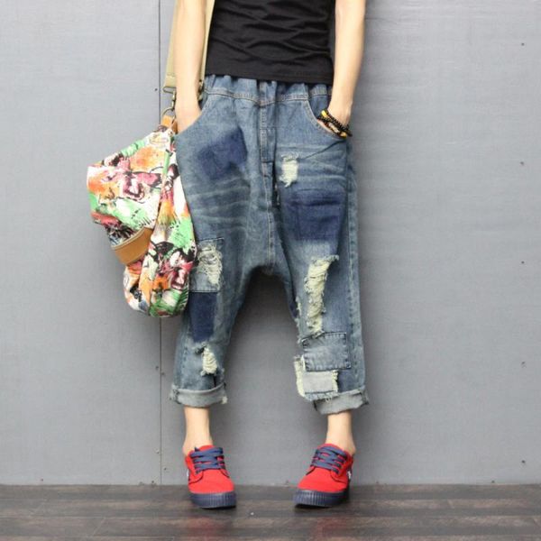 

women's jeans elastic waist casual harem pants drop crotch ripped ladies loose distressed denim baggy collapse, Blue
