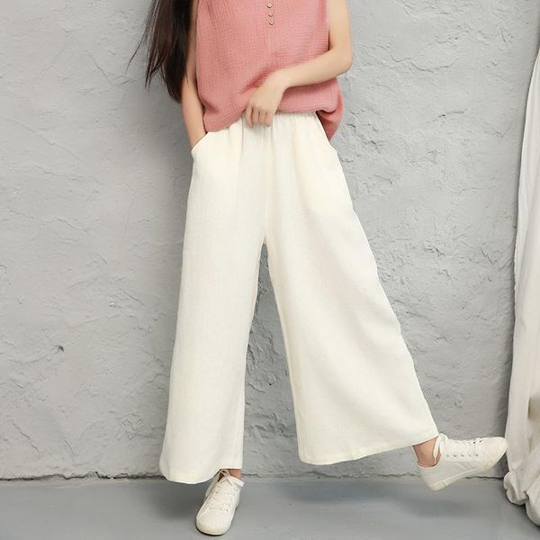 

spring and summer pants women's solid-color linen high-waisted wide-legged large size loose & capris, Black;white
