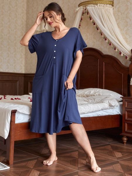 

plus half button dual pockets sleep dress p9h9#, Black;white