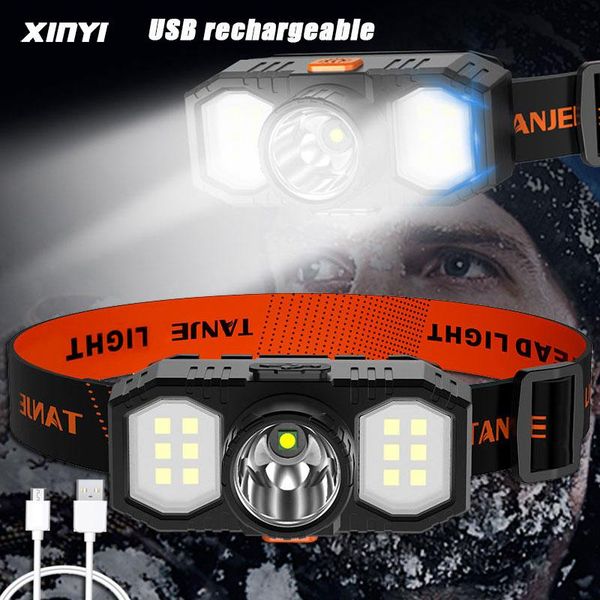 

headlamps usb rechargeable led headlight powerful xpe+cob headlamp head torch ipx6 waterproof light with 1200mah built-in battery