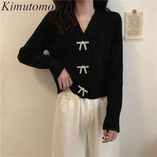 

kimutomo chic long sleeve knitted cardigans women v-neck single breasted solid bow short spring fashion elegant 210521, White