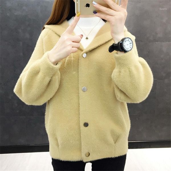

women's knits & tees autumn winter thick hooded faux mink cashmere knitted sweater women loose short cardigan 6 color zipper knit jacke, White