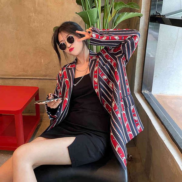 

women's suits & blazers [eam] women pattern printed striped big size blazer lapel long sleeve loose fit jacket fashion spring autumn 20, White;black