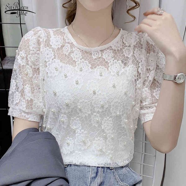 

summer shirt lace o-neck fashion style base with sling hollow out beading french short sleeve 14045 210521, White