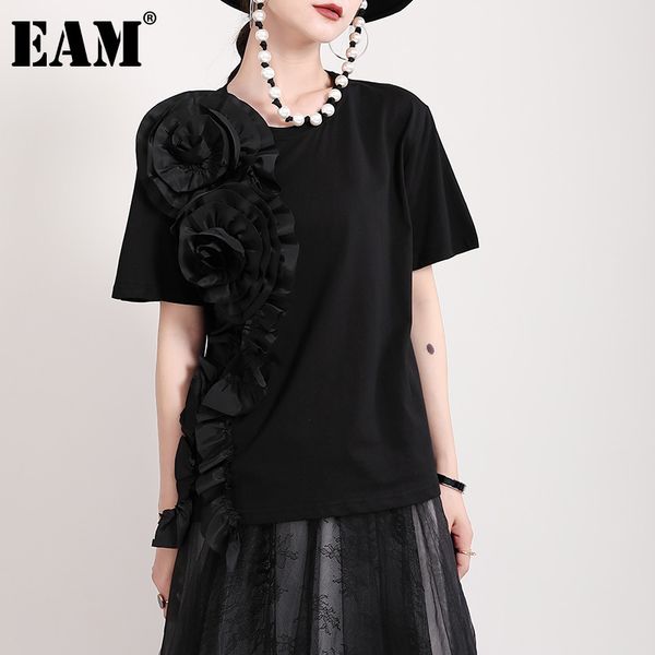 

[eam] women irregular three-dimensional decoration flowers t-shirt round neck short sleeve loose fashion summer 1dd7221 21512, White