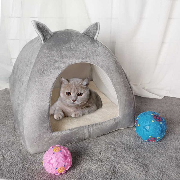 Панечная складная 2-in-1 кошка кровать крытый котенок палатка домик теплый для маленькой домашней собаки гнездо котенок котенок пещера спальные уютные плюшевые коврики 210713