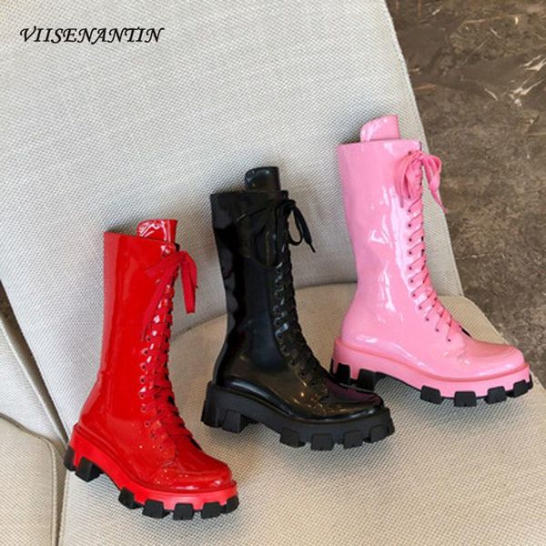

boots bright patent leather stovepipe autumn and winter lace-up platform shoes heightening locomotive mid-tube knight, Black