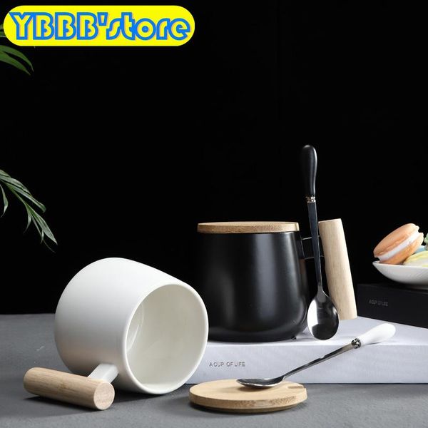 

mugs 2021 black white fat body coffee mug with wooden handle and spoon modern style office use water milk drinks ceramic cups