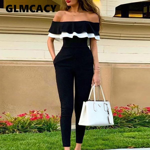 

women off shoulder colorblock ruffles bodycon jumpsuit skinny streetwear office ladies slim fit black jumpsuits, Black;white
