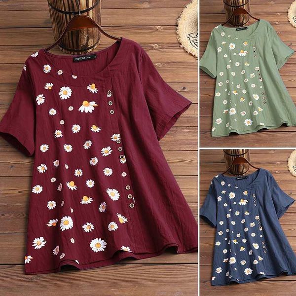 

women summer 2021 zanzea blusa short sleeve o-neck button print cotton loose casual female stylish shirt plus size 5xl women's t-shirt, White