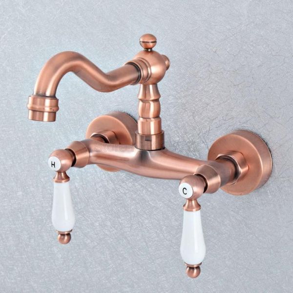 

antique red copper wall mounted kitchen sink vessel faucet dual ceramic lever swivel spout bathroom basin taps tsf901 faucets