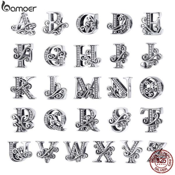 925 Sterling Silber Buchstabe Vintage A bis Z 26 Buchstaben Charms durchbrochene CZ Alphabet Perlen passend für Charm-Armbänder BSC030