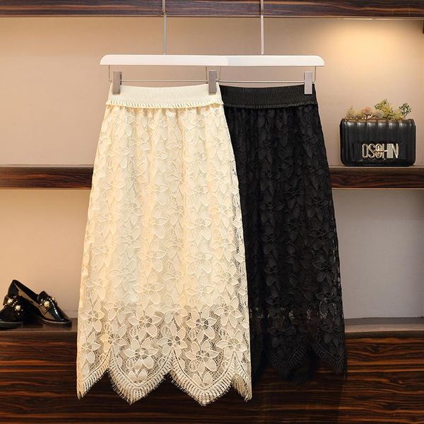 

skirts summer lace hollow out elastic waist womens mid skirt with lining fashion korean style irregular women, Black