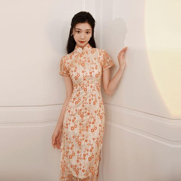 

ethnic clothing embroidery flower lady lace chinese traditional dress perspective sleeve cheongsam pearl button qipao summer vestidos g, Red