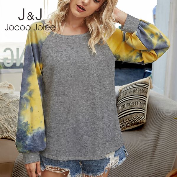 

jocoo jolee autumn long lantern sleeve loose t shirt casual tie dye patchwork shirt vintage elegant harajuku loose tshirt 210518, White