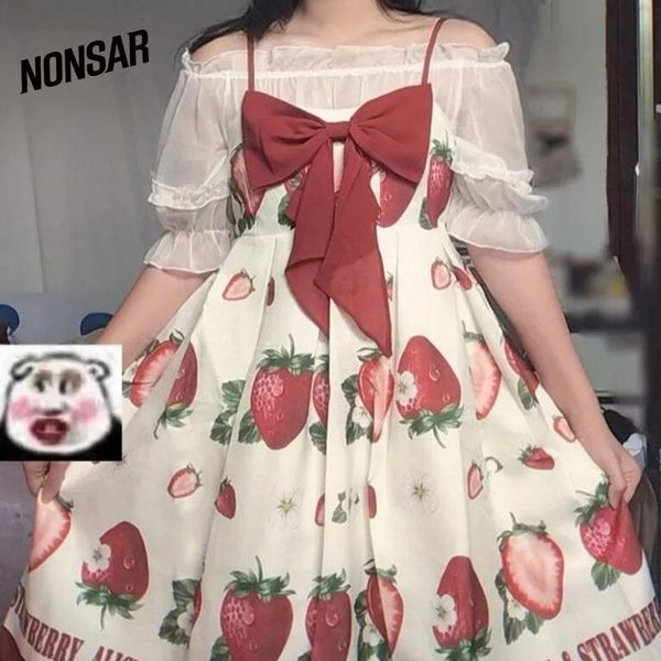 

casual dresses nonsar strawberry dress apricot strap chiffon fresh garden girl kawaii women lolita summer 2021, Black;gray