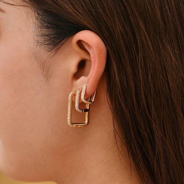 

hoop & huggie trendy geometric u-shape earring for women luxulry pave cz zircon piercing stacking ear buckle jewelry, Golden;silver