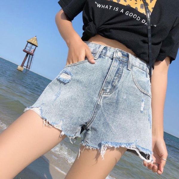 

women's shorts s-xl 2021 summer korean chic style high waist womens jeans a line blue ripped denim femme (z6315), White;black