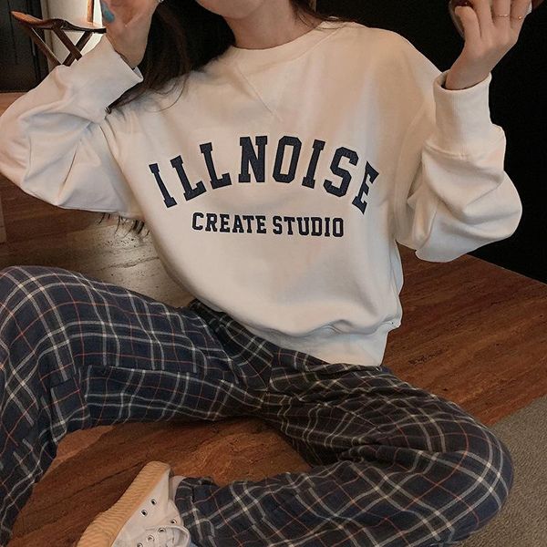 

women's hoodies & sweatshirts falling shoulder letter printed sweatshirt korean long sleeve casual round o-neck top, Black