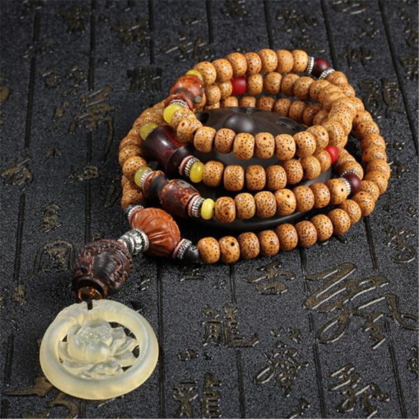 

beaded, strands classical hainan star moon old bodhi seed 108 beads bracelet with small leaf bamboo buddha sheep horn lotus pen, Black