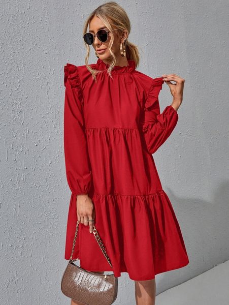 

ruffle trim ruched front smock dress f4zx#, Black;gray