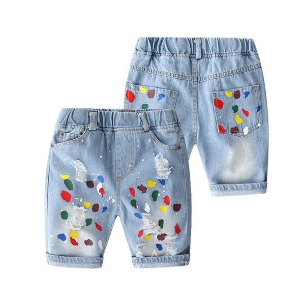 Sommermode 2 3 4 6 8 10 Jahre Teenager Sport 5 Capris Wadenlange Cartoon Hübsche Denim-Loch-Shorts für Kinder Baby Boy 210701