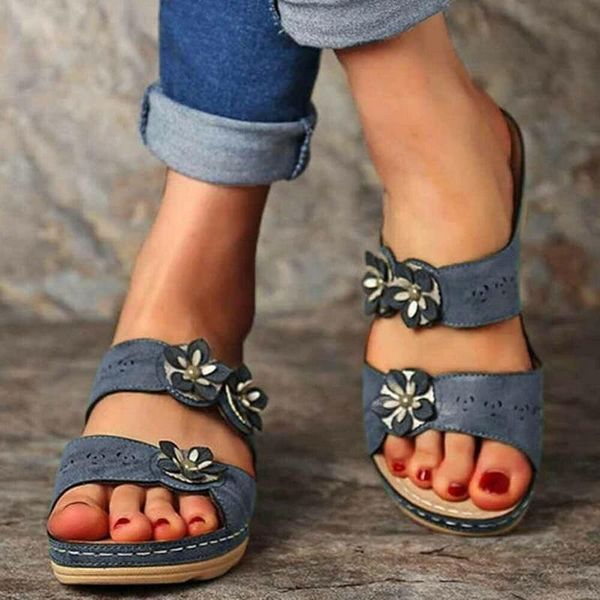 

summer retro style sandals women ladies shoes leather floral flat for woman beach female drop, Black