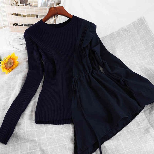 

causal long sleeve elegant knitted korean patchwork irregular women white knitwear drawstring slim waist pullovers 210510, Black;white