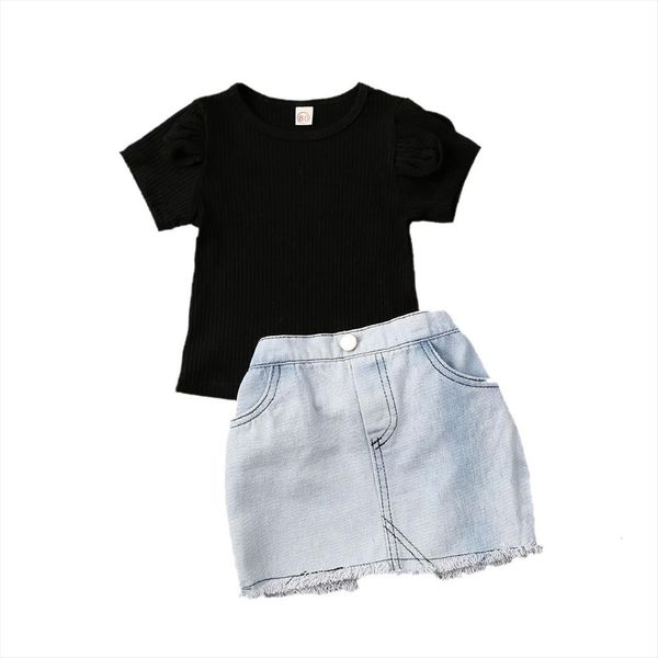

baby girl shirt dress suit skirt set short puff sleeve suspender ruffle cowboy high waist warp summer, White