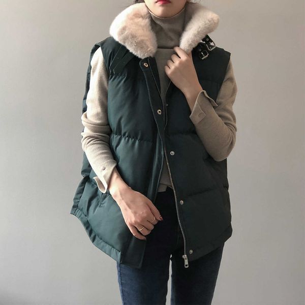 

winter korean down cotton waistcoat women's fur collar loose shoulder vest jacket female 210607, Black;white