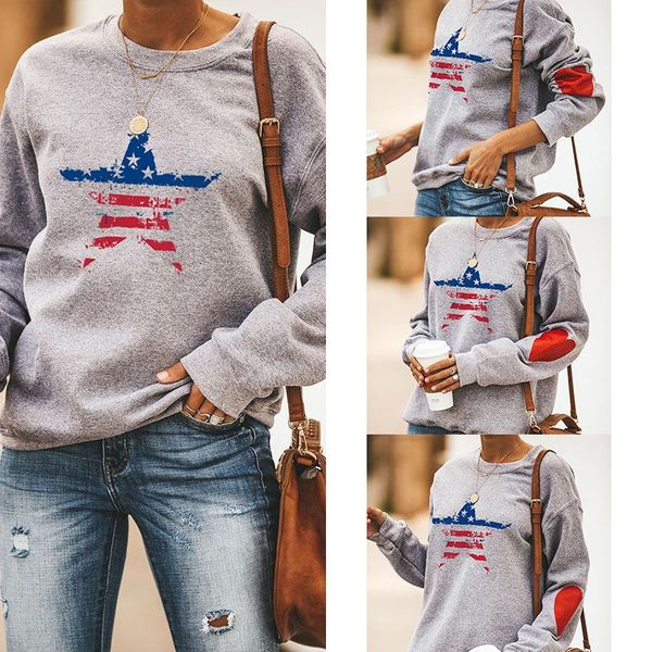 

casual five-point star printed long sleeve sudaderas para mujer korean oversized crewneck sweatshirt women's hoodies & sweatshirts, Black