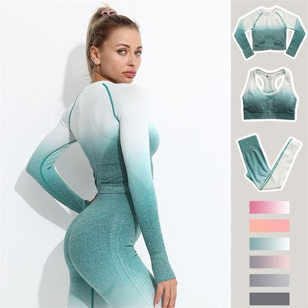

ombre seamless yoga set long sleeve women gym crop sportswear bra high waist leggings workout outfit fitness clothing 210802, Gray