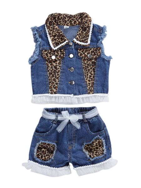 

est baby girl's summer outfit sets sleeveless leopard print denim + shorts clothing, White