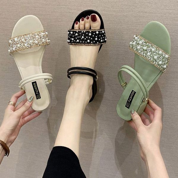 

slippers plus size 35- 41 women string bead sandals 2021 summer pearl shoes woman slides ladies shoe bling sandalias mujer 8114c, Black