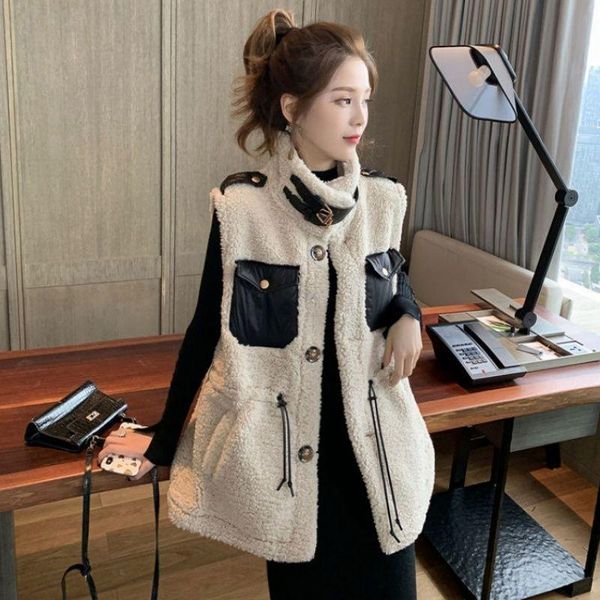 

women's fur & faux women 2021 autumn winter vest lamb wool waistcoat thermal warm thick fleece vests ladies sleeveless jackets a602, Black
